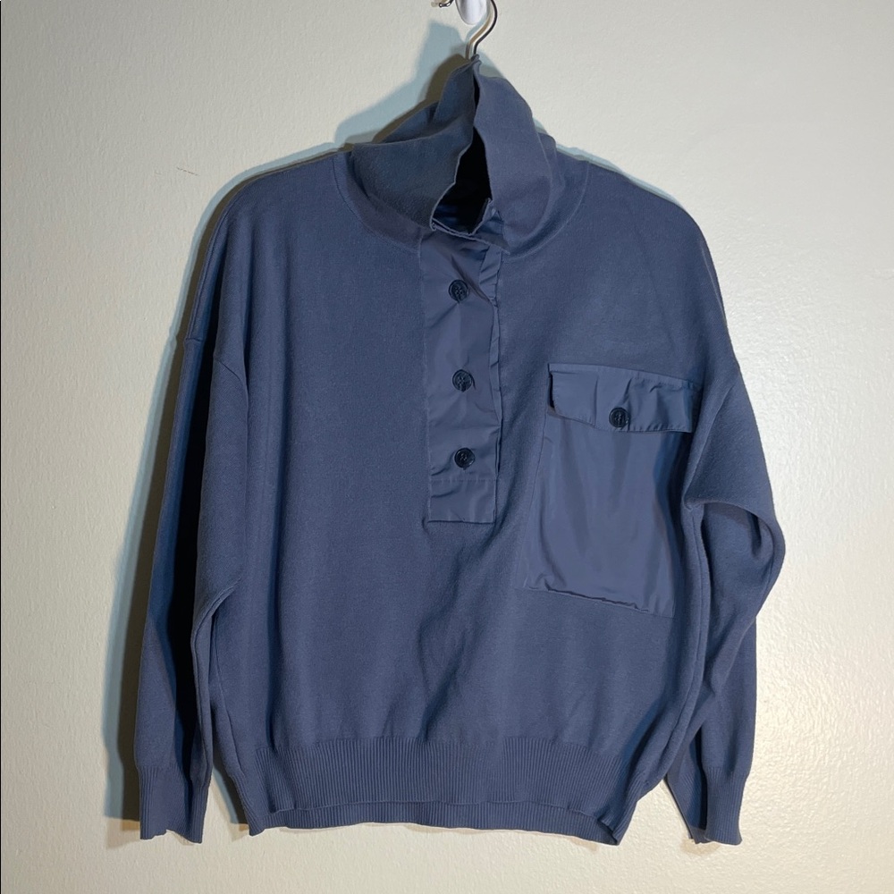 Mango Cowl Neck Contrast Panel Sweater L Blue Button Front Like New